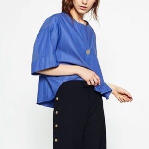 Zara cropped over side blouse Blue Large Button Half Sleeve Top small